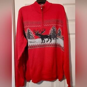 Chaps Fair Isle Nordic Quarter Zip Sweater Red Reindeer Moose Winter Mens XL